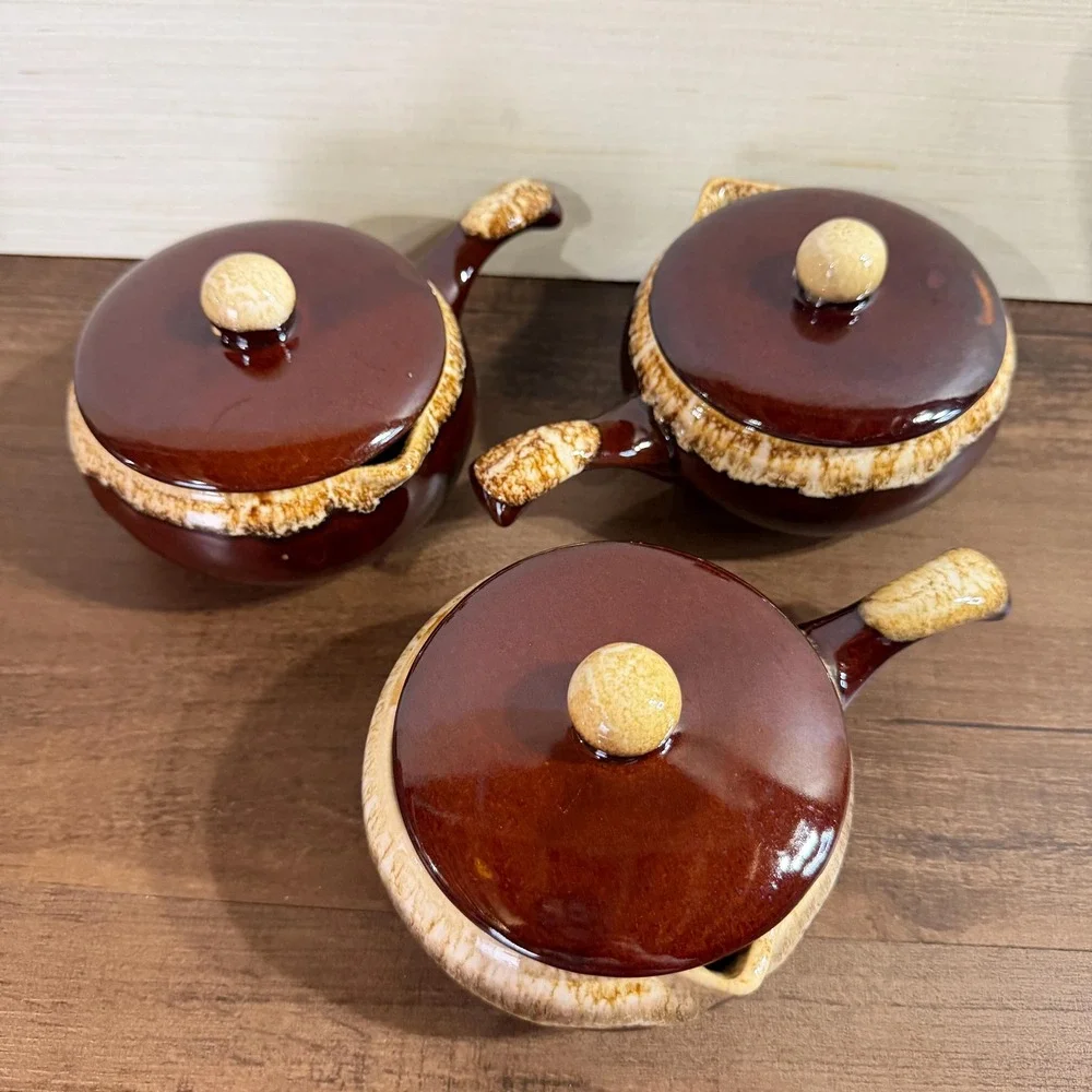 Set of 3 Vintage 70s Brown Drip Glaze French Onion Soup Crocks with Lids